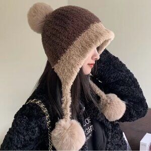 Two-Tone Faux Fur Hat with Pom Poms